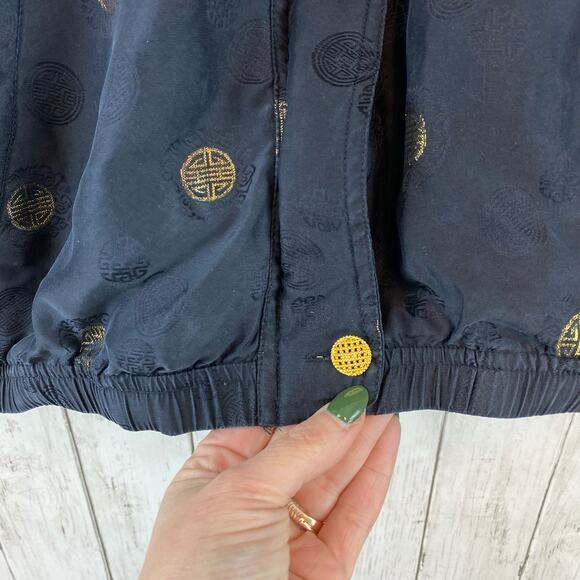 VTG Mureli Women's Black Gold Printed Silk Bomber Windbreaker Jacket Size Large - Picture 3 of 12